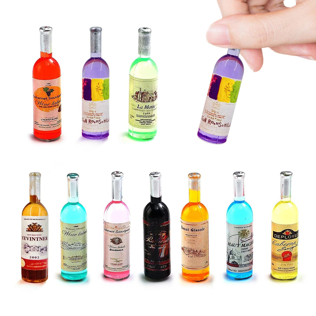 Harewu 10Pcs 1:12 Scale Miniature Wine Bottles Set – Dollhouse Drink Accessories (Non-Repeating)
