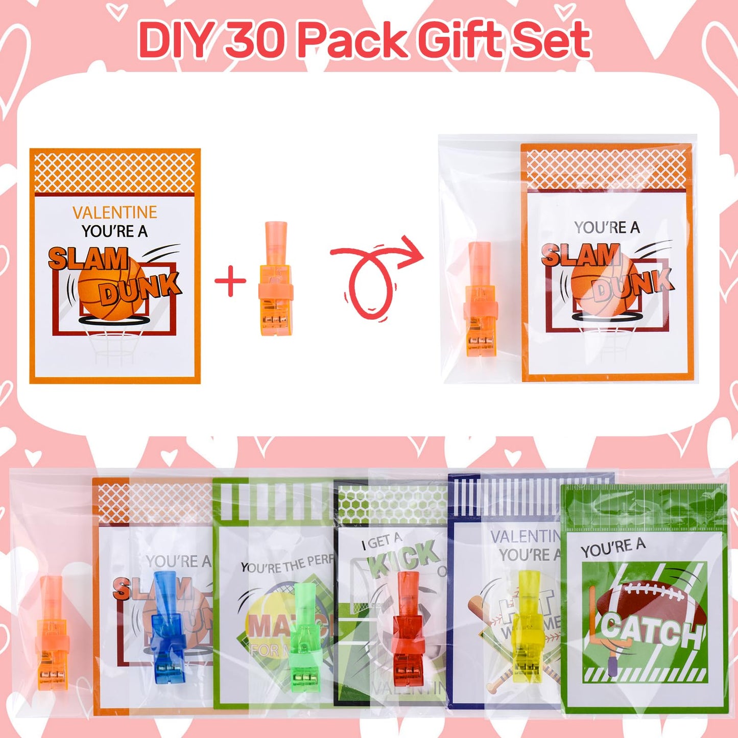 Harkta Valentines Day Finger Lights with Cards – 30 Pack Glow-in-the-Dark Party Favors for Kids