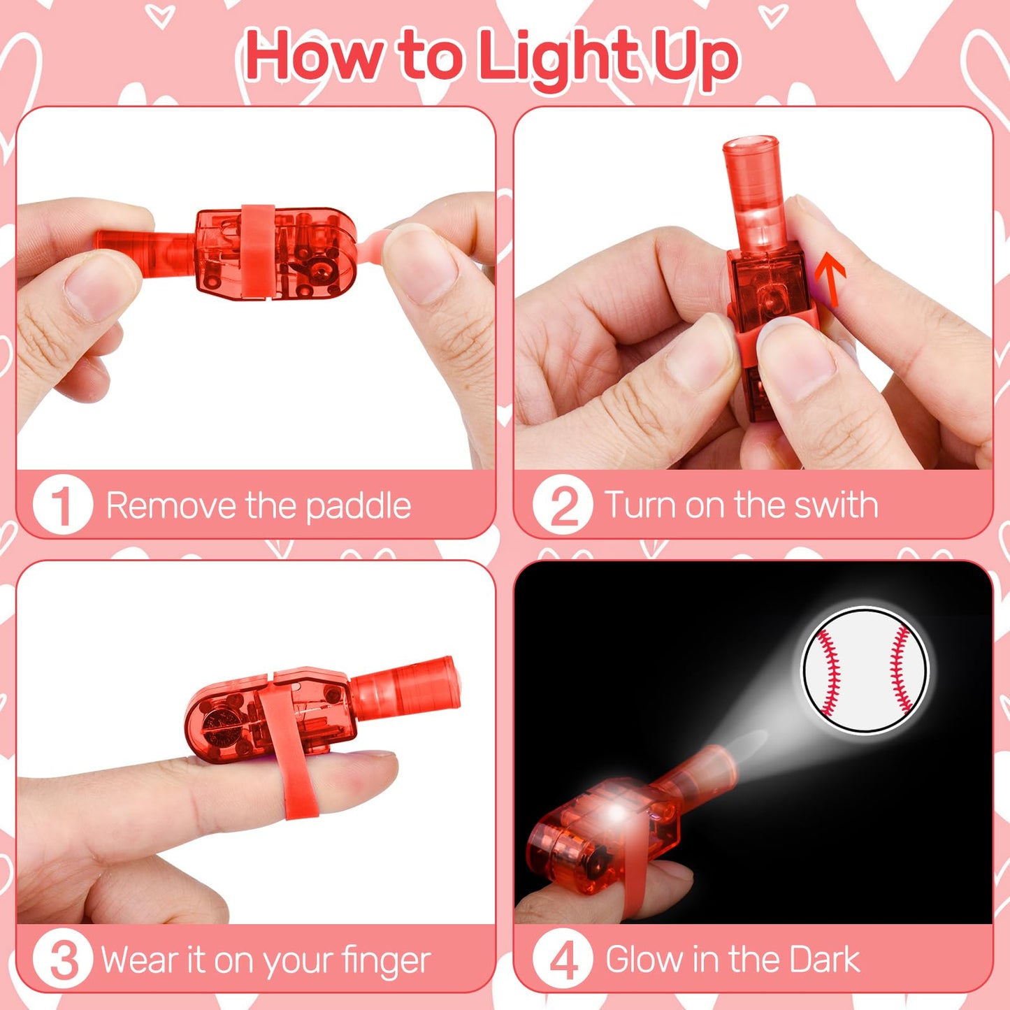 Harkta Valentines Day Finger Lights with Cards – 30 Pack Glow-in-the-Dark Party Favors for Kids