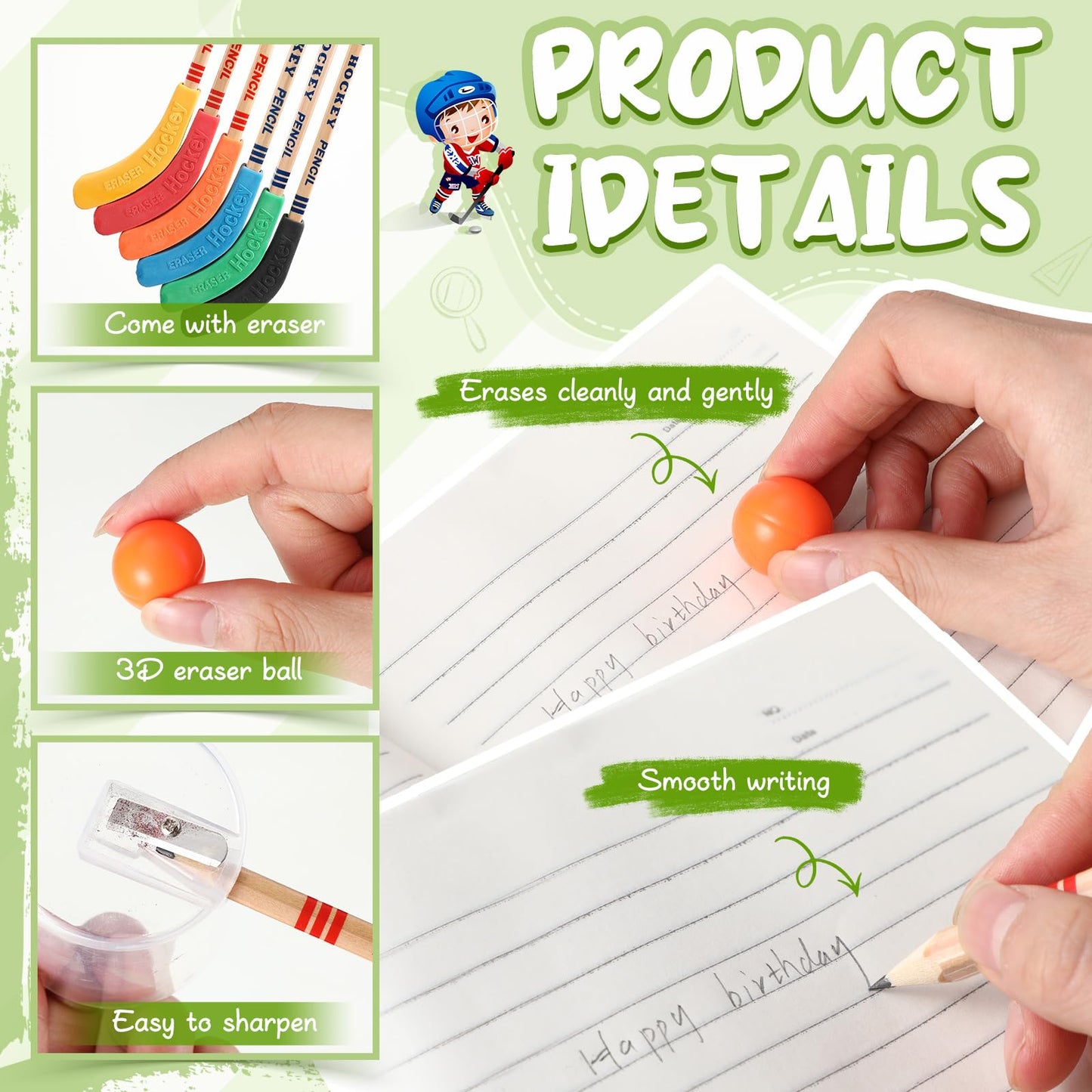 Harloon 24-Pcs Hockey Party Favors: Multicolor Hockey Stick Pencils & Ball Erasers