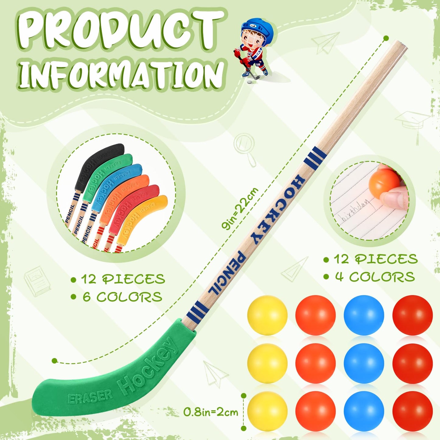 Harloon 24-Pcs Hockey Party Favors: Multicolor Hockey Stick Pencils & Ball Erasers