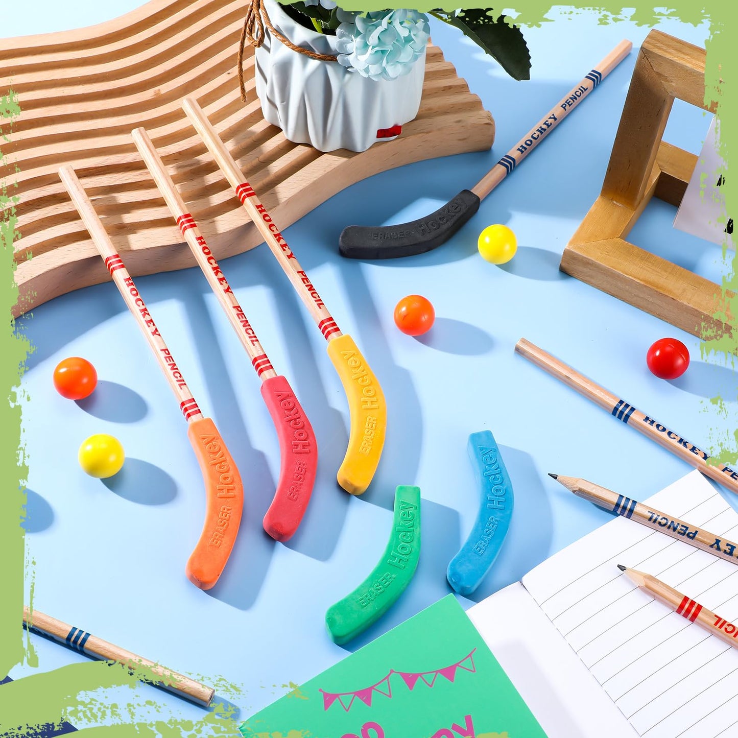 Harloon 24-Pcs Hockey Party Favors: Multicolor Hockey Stick Pencils & Ball Erasers