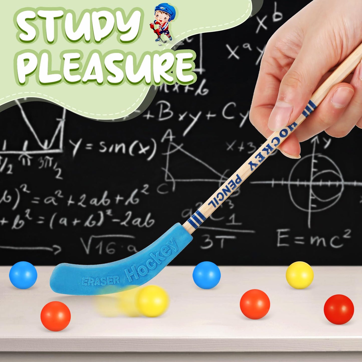 Harloon 24-Pcs Hockey Party Favors: Multicolor Hockey Stick Pencils & Ball Erasers