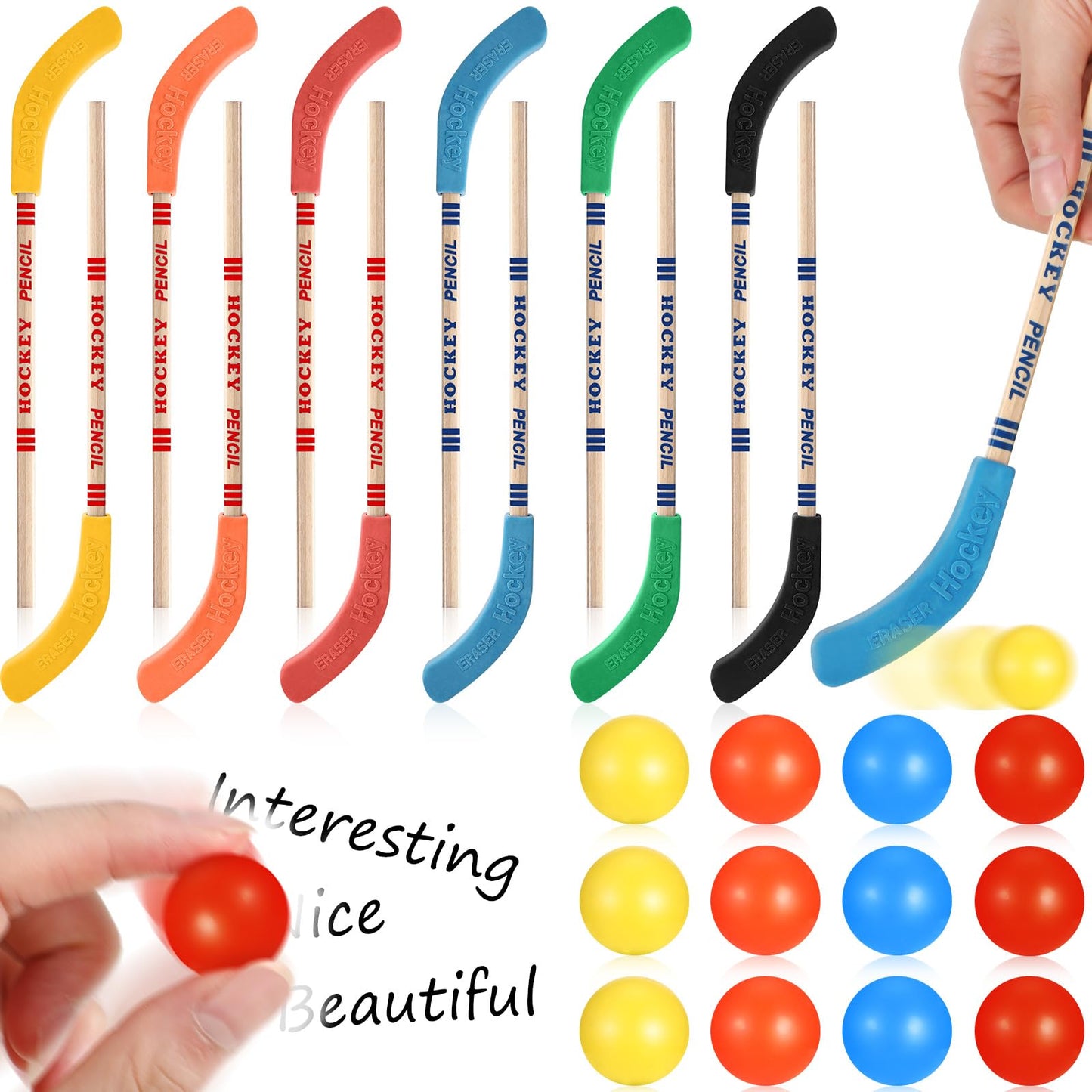 Harloon 24-Pcs Hockey Party Favors: Multicolor Hockey Stick Pencils & Ball Erasers
