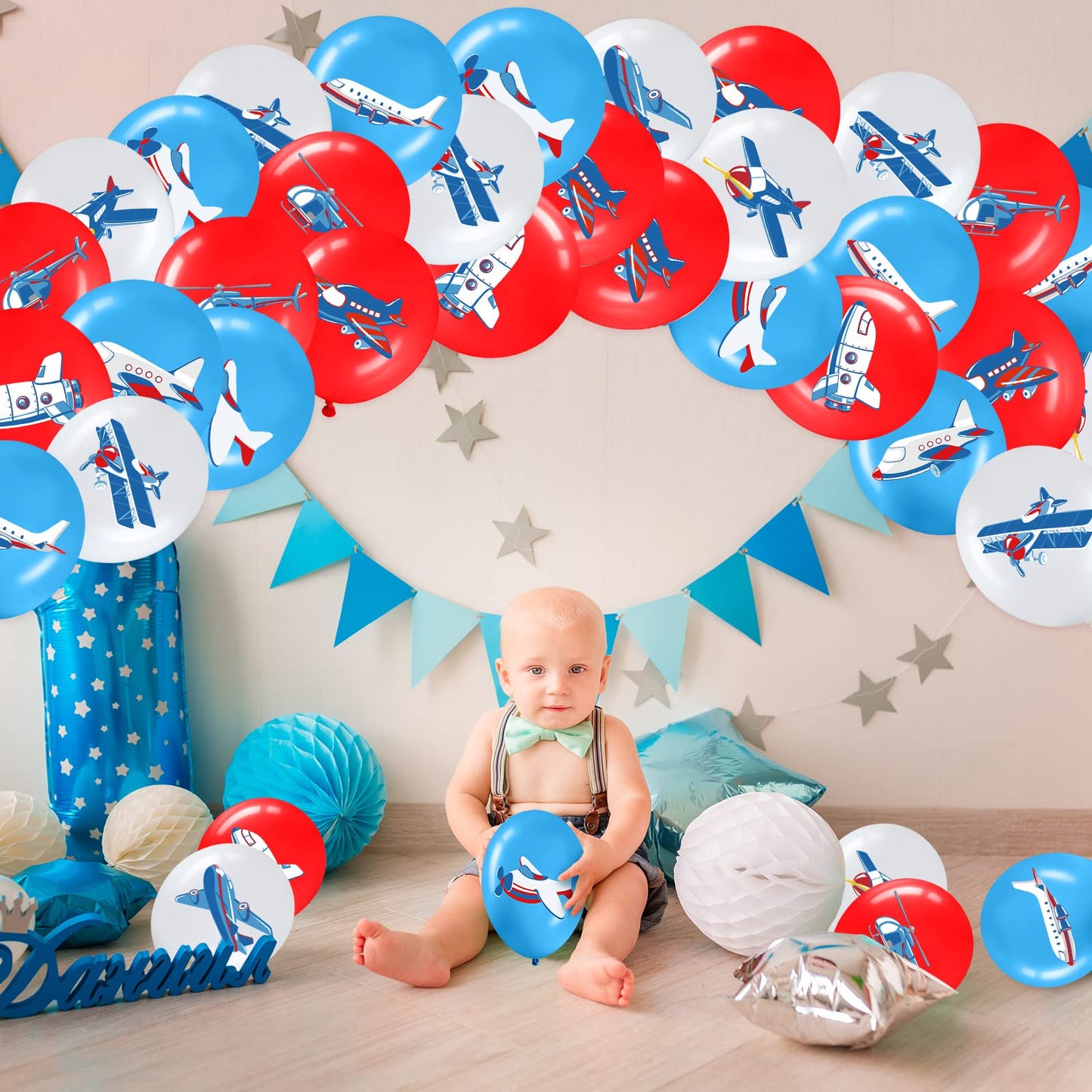 Harrycle 45Pcs Airplane Balloons Bulk – Time Flies Party Decor (Red, White & Blue)