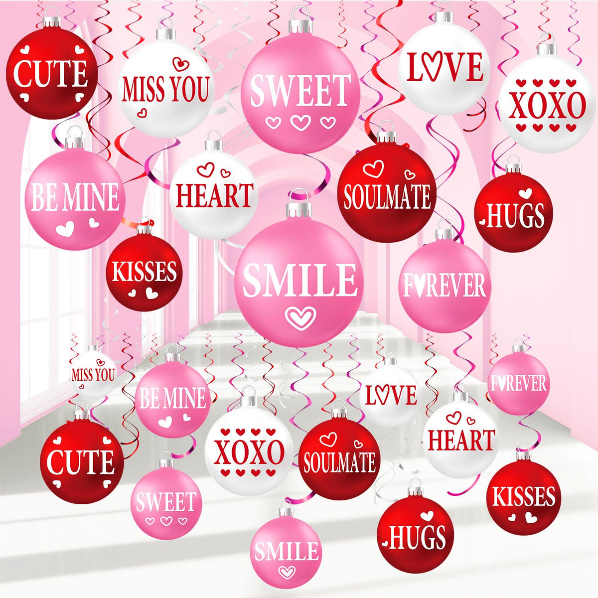 Harrycle 54 Pcs Valentine's Day Hanging Decorations Set - Red Pink White Ball Ornaments & Foil Swirls for Parties