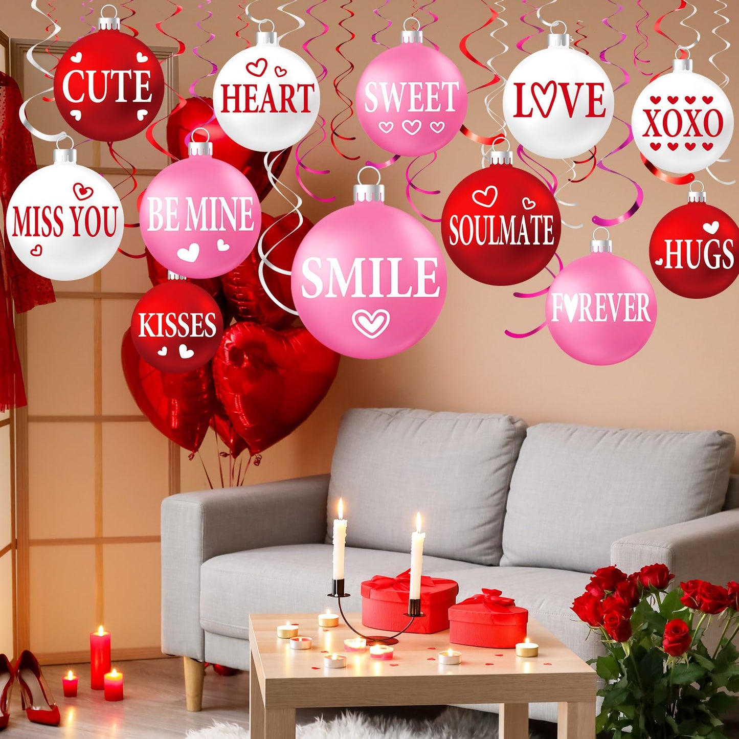 Harrycle 54 Pcs Valentine's Day Hanging Decorations Set - Red Pink White Ball Ornaments & Foil Swirls for Parties