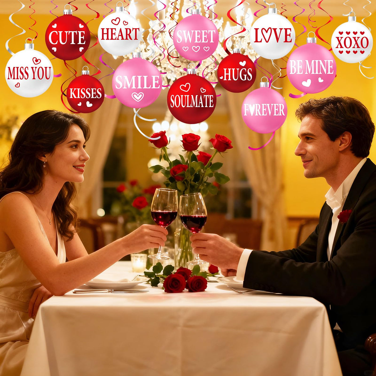 Harrycle 54 Pcs Valentine's Day Hanging Decorations Set - Red Pink White Ball Ornaments & Foil Swirls for Parties