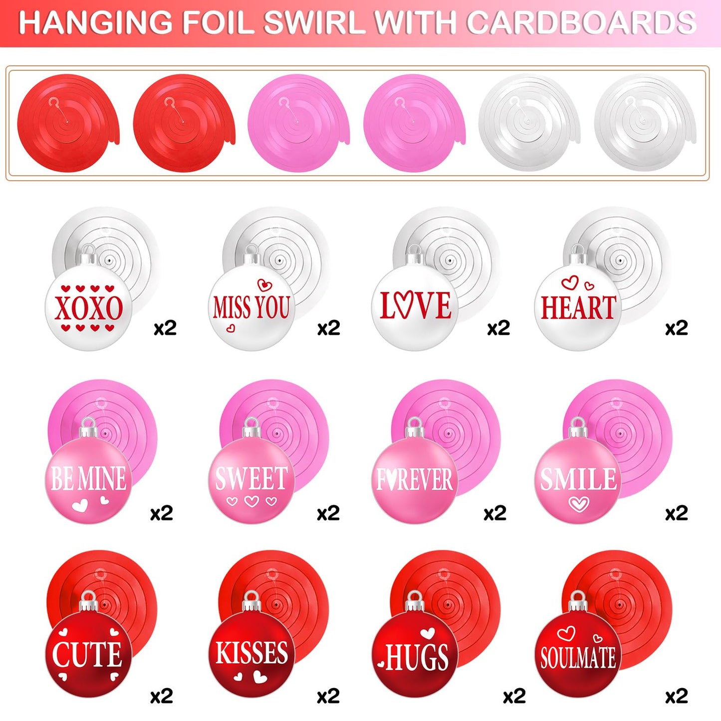 Harrycle 54 Pcs Valentine's Day Hanging Decorations Set - Red Pink White Ball Ornaments & Foil Swirls for Parties