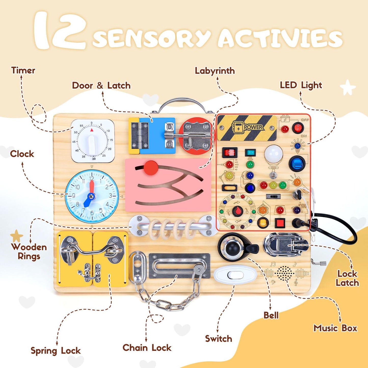 HarVow Busy Board 25-in-1 Montessori Toy: 13 LED Switches + 12 Activities | Wooden Travel Toy for Toddlers 1-3