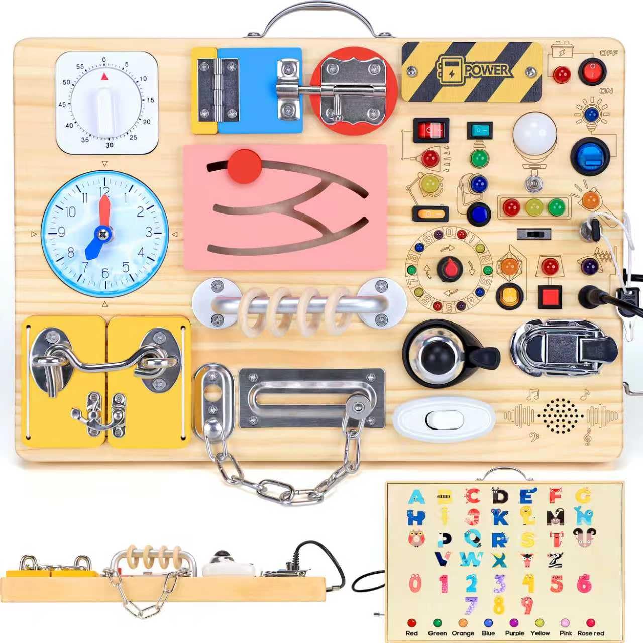 HarVow Busy Board 25-in-1 Montessori Toy: 13 LED Switches + 12 Activities | Wooden Travel Toy for Toddlers 1-3