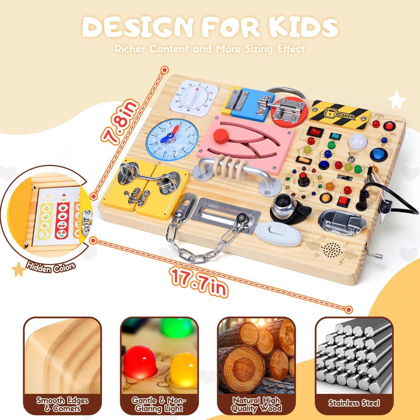 HarVow Busy Board 25-in-1 Montessori Toy: 13 LED Switches + 12 Activities | Wooden Travel Toy for Toddlers 1-3