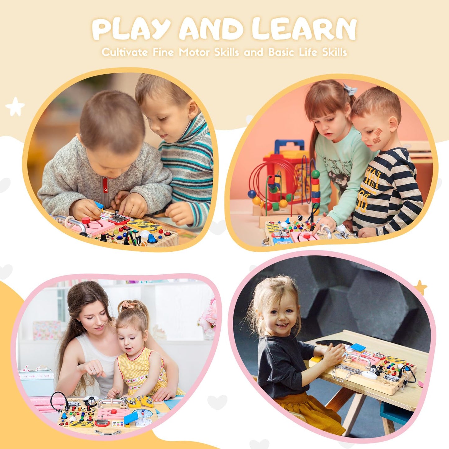 HarVow Busy Board 25-in-1 Montessori Toy: 13 LED Switches + 12 Activities | Wooden Travel Toy for Toddlers 1-3