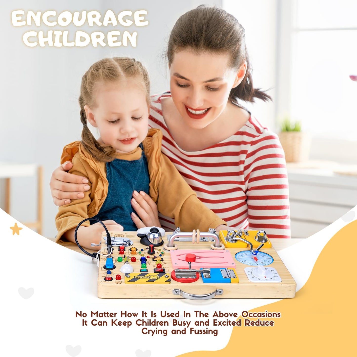 HarVow Busy Board 25-in-1 Montessori Toy: 13 LED Switches + 12 Activities | Wooden Travel Toy for Toddlers 1-3