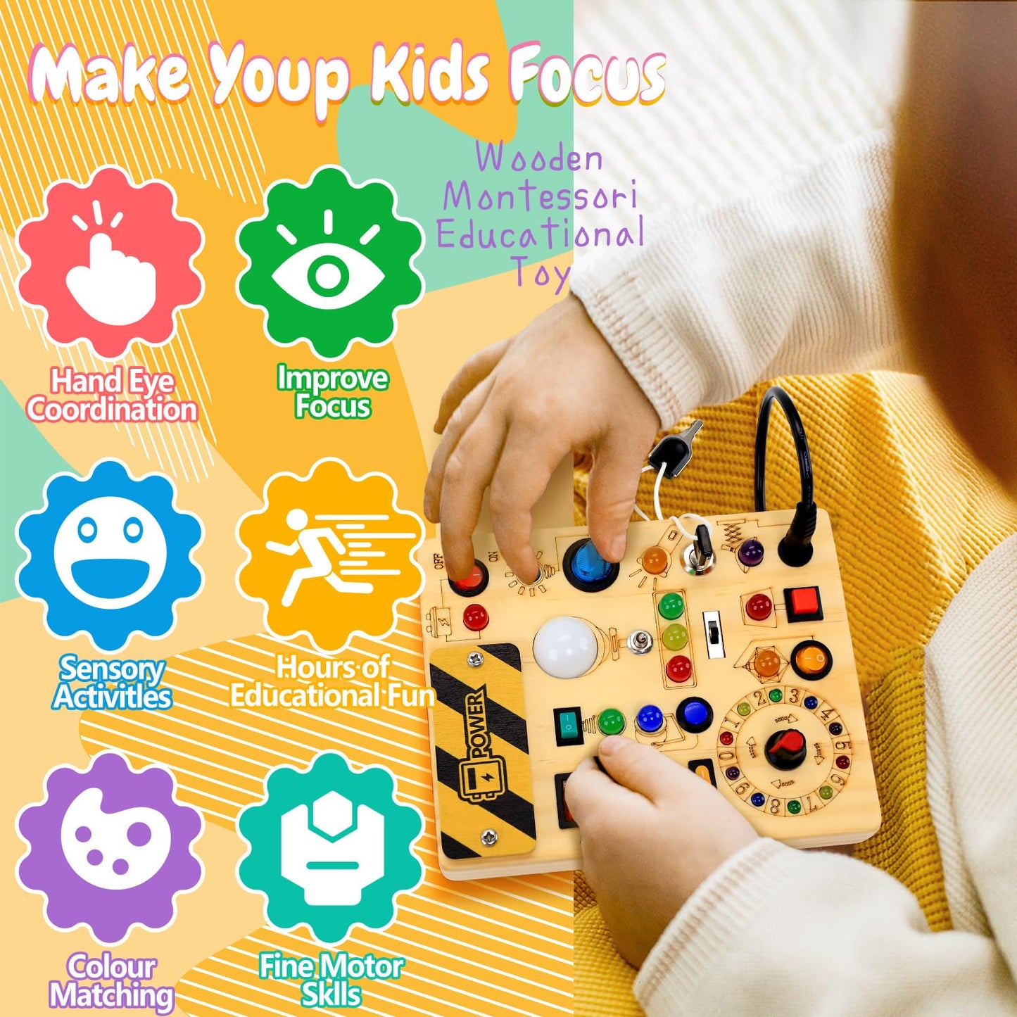 HarVow Busy Board with LED Light Switches – Montessori Toddler Toy for 1–3 Years