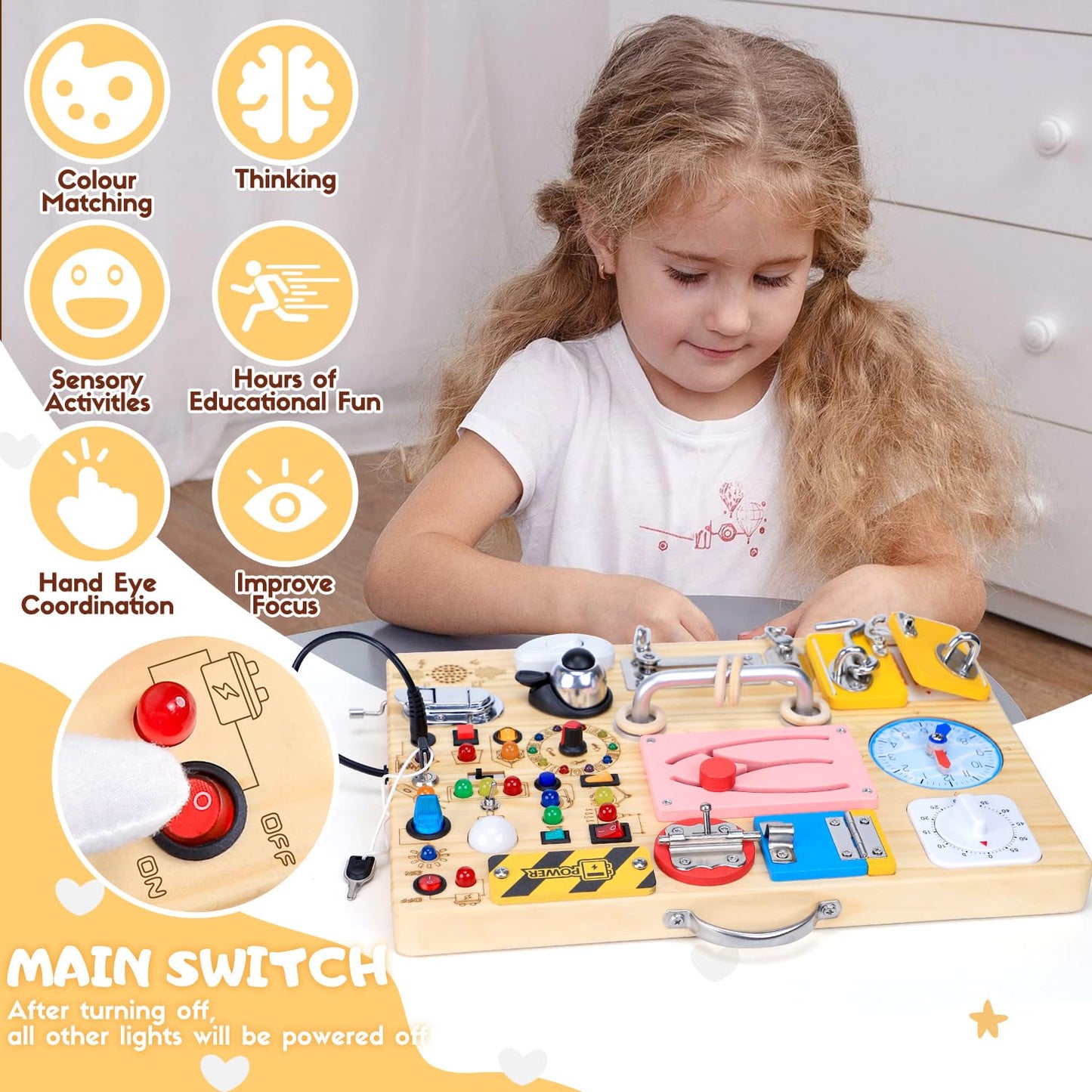 HarVow Busy Board 25-in-1 Montessori Toy: 13 LED Switches + 12 Activities | Wooden Travel Toy for Toddlers 1-3
