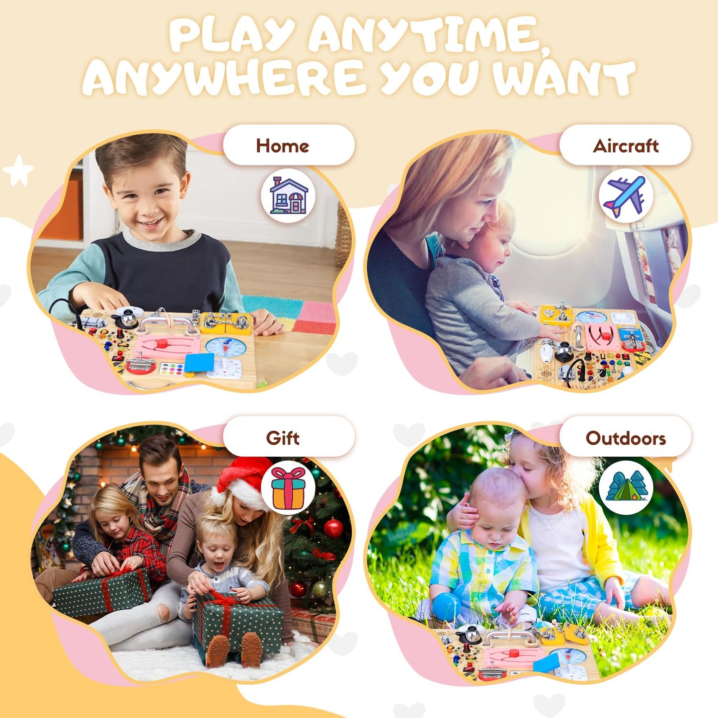 HarVow Busy Board 25-in-1 Montessori Toy: 13 LED Switches + 12 Activities | Wooden Travel Toy for Toddlers 1-3