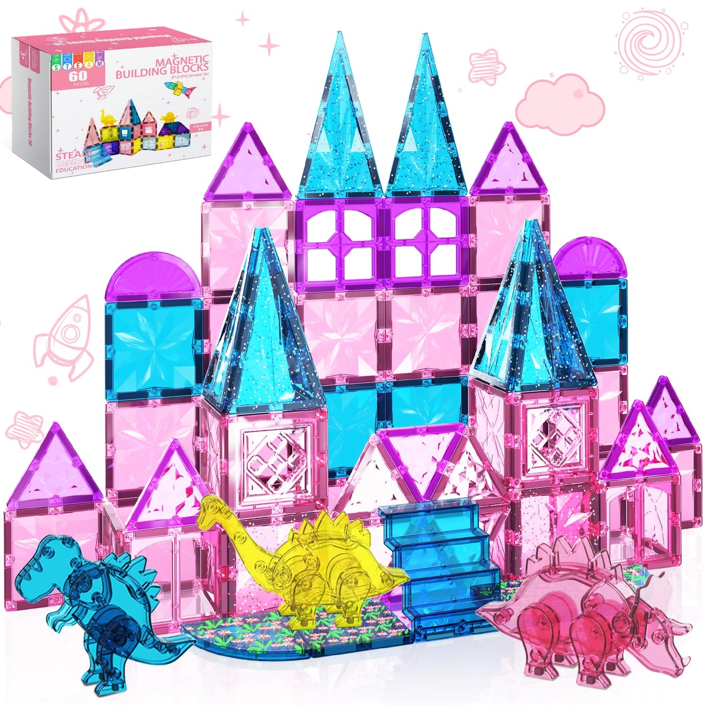 HarworLife 60Pcs Dinosaur Magnetic Tiles – STEM Building Blocks for Kids Aged 3-8 | Pink Theme