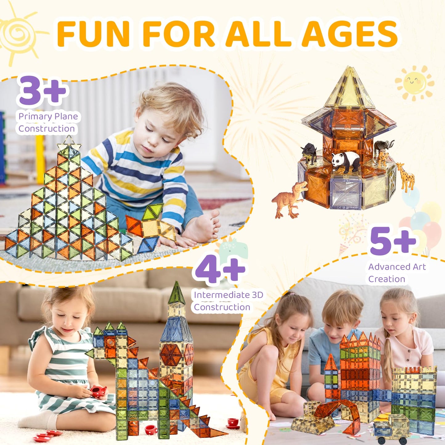 HarworLife 120 PCS Diamond Magnetic Tiles – STEM Toy Set with 2 Cars for Kids 3–9+