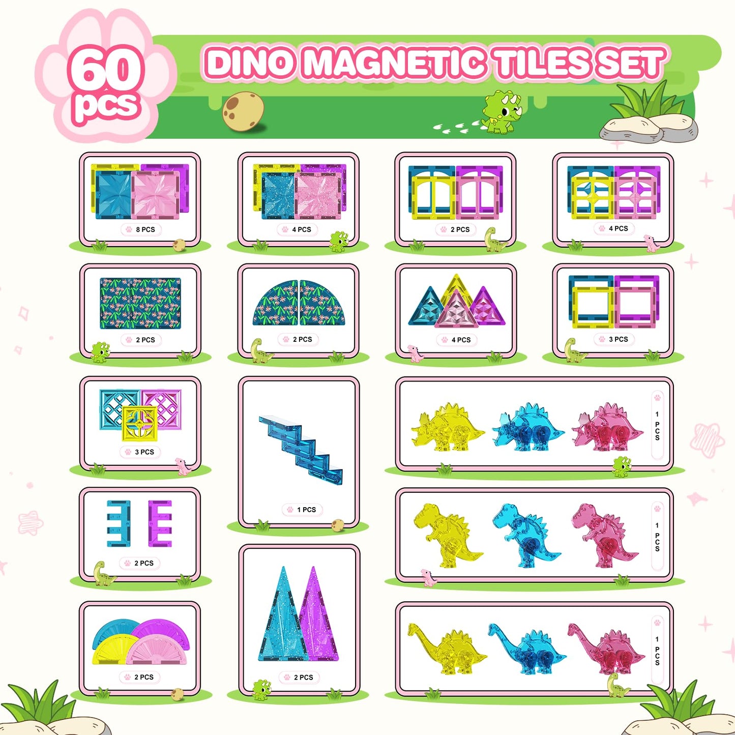HarworLife 60Pcs Dinosaur Magnetic Tiles – STEM Building Blocks for Kids Aged 3-8 | Pink Theme