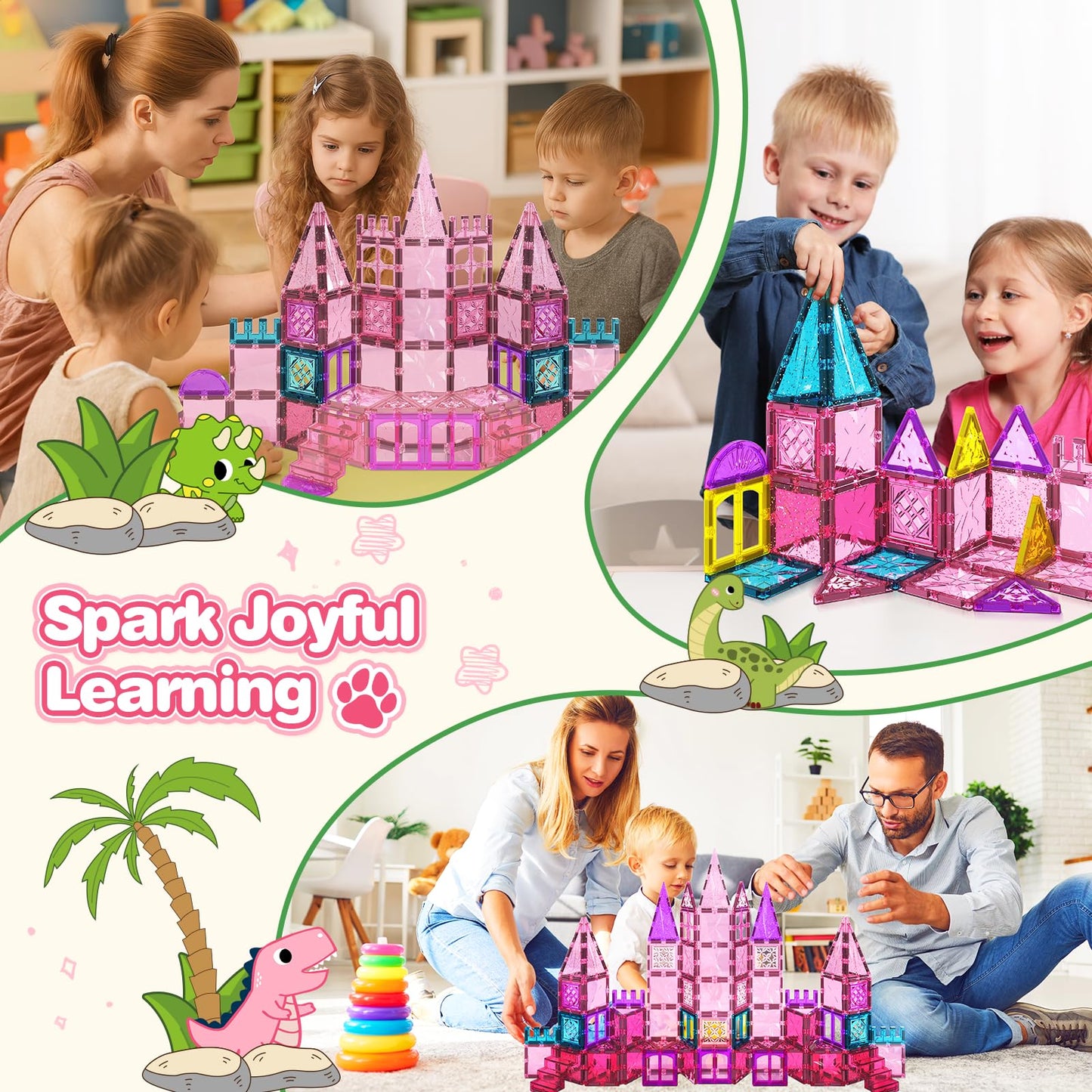HarworLife 60Pcs Dinosaur Magnetic Tiles – STEM Building Blocks for Kids Aged 3-8 | Pink Theme