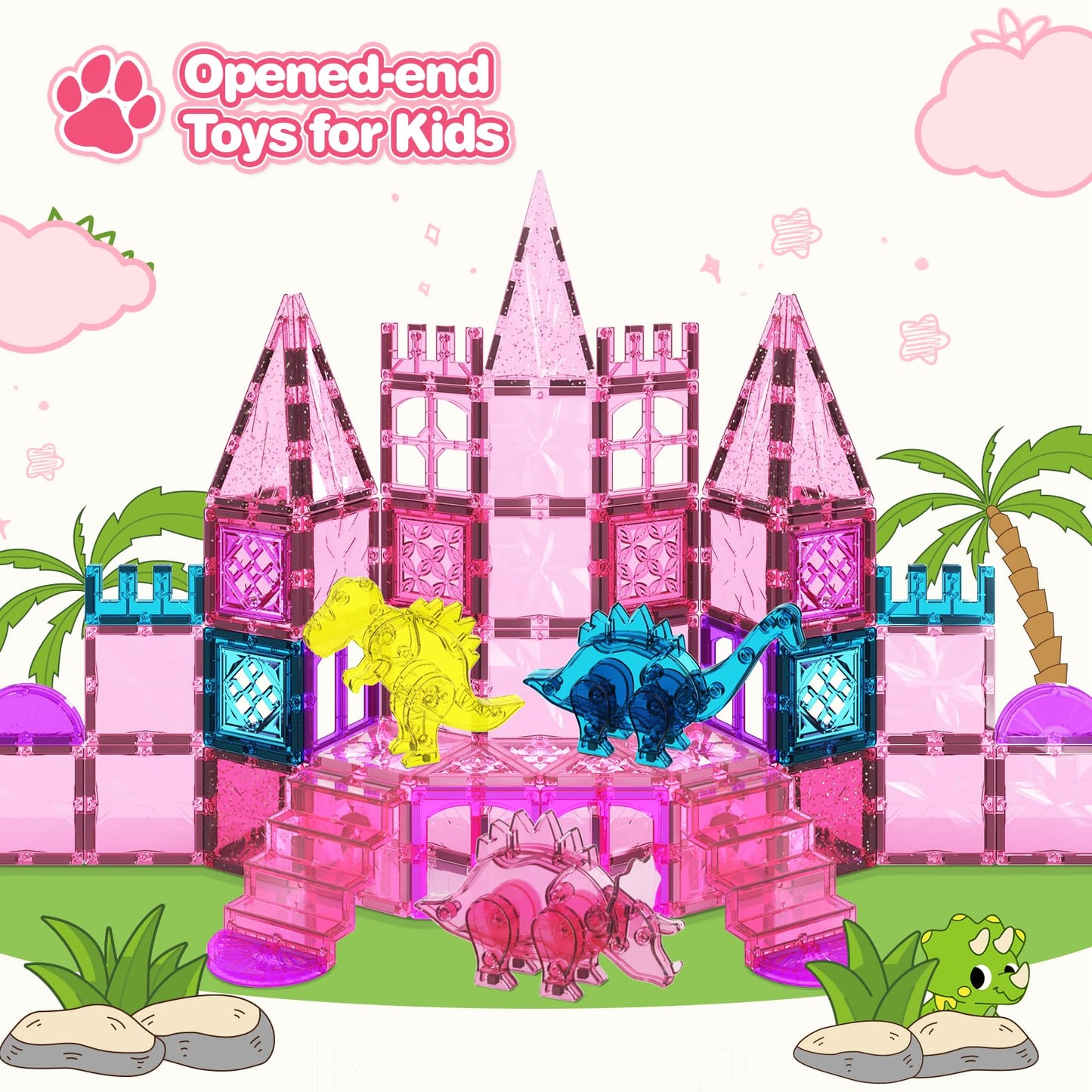 HarworLife 60Pcs Dinosaur Magnetic Tiles – STEM Building Blocks for Kids Aged 3-8 | Pink Theme