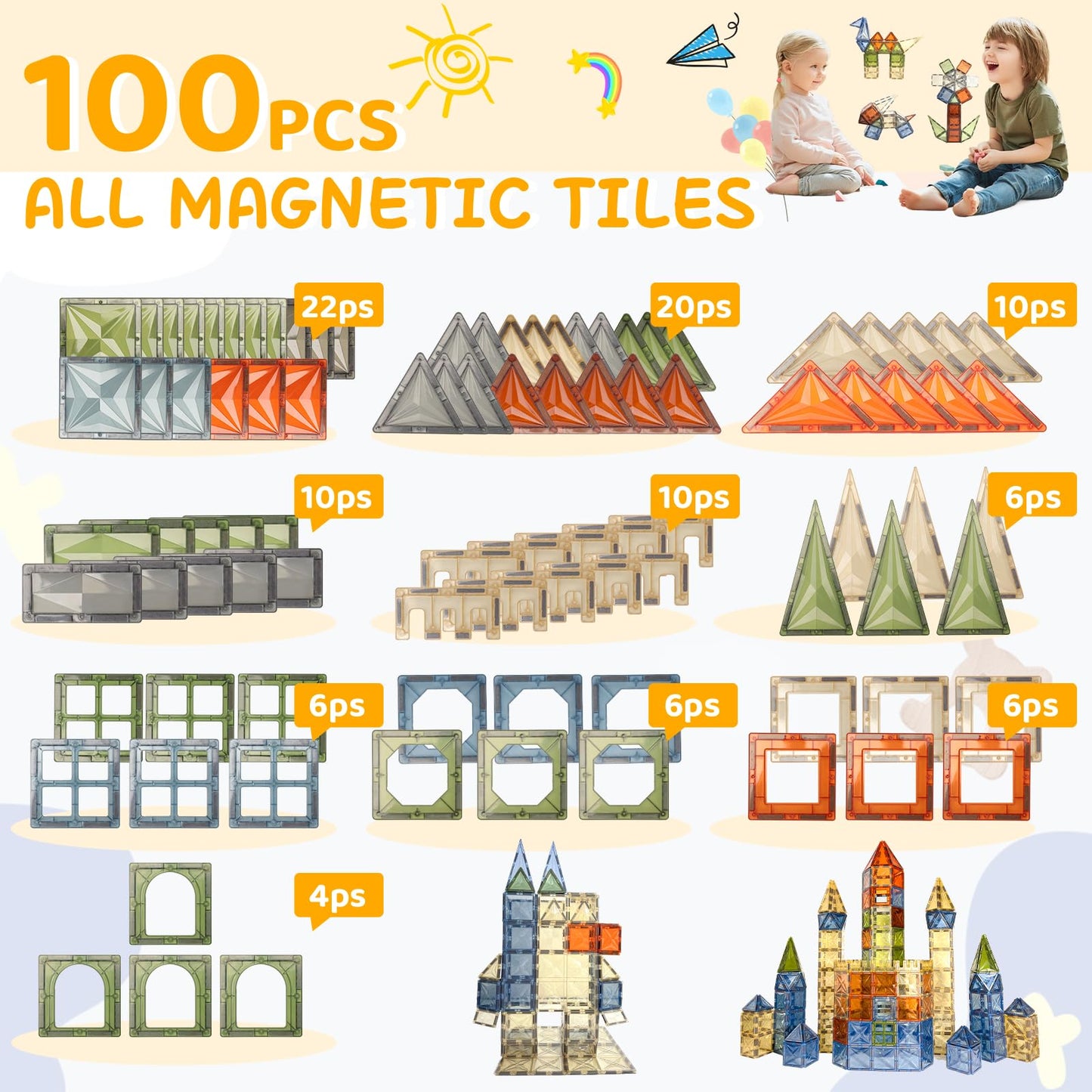 HarworLife 100 PCS Magnetic Tiles – Safe ABS STEM Tiles for 2D & 3D Builds