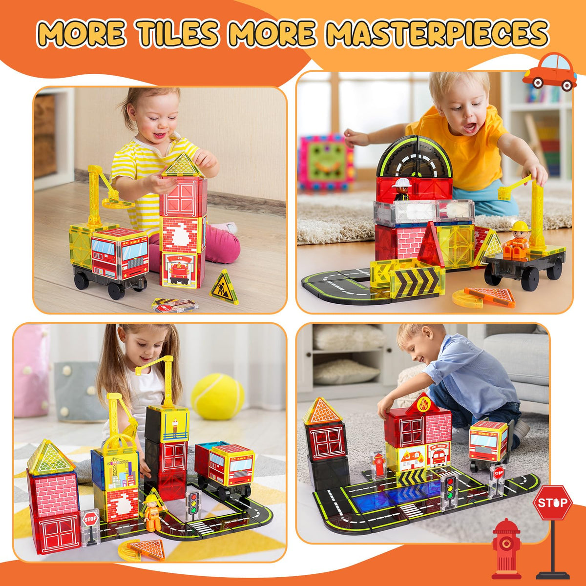 HarworLife Magnetic Tiles Road Set with Fire Trucks & Cranes | STEM Building Toys for Ages 3-7