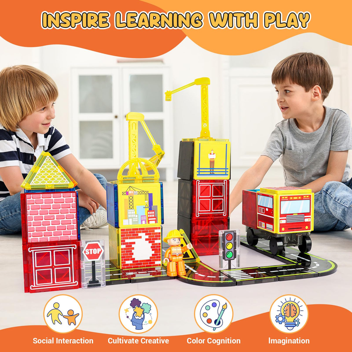 HarworLife Magnetic Tiles Road Set with Fire Trucks & Cranes | STEM Building Toys for Ages 3-7