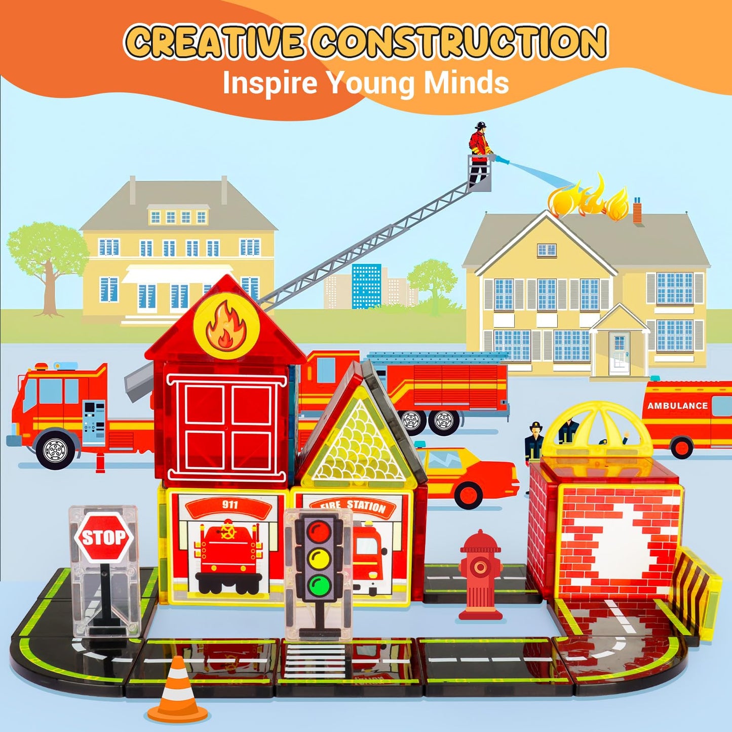 HarworLife Magnetic Tiles Road Set with Fire Trucks & Cranes | STEM Building Toys for Ages 3-7