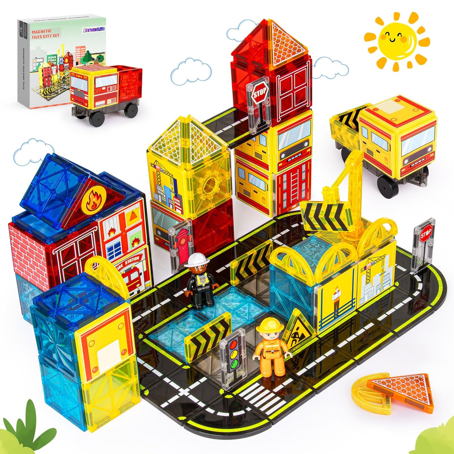 HarworLife Magnetic Tiles Road Set with Fire Trucks & Cranes | STEM Building Toys for Ages 3-7