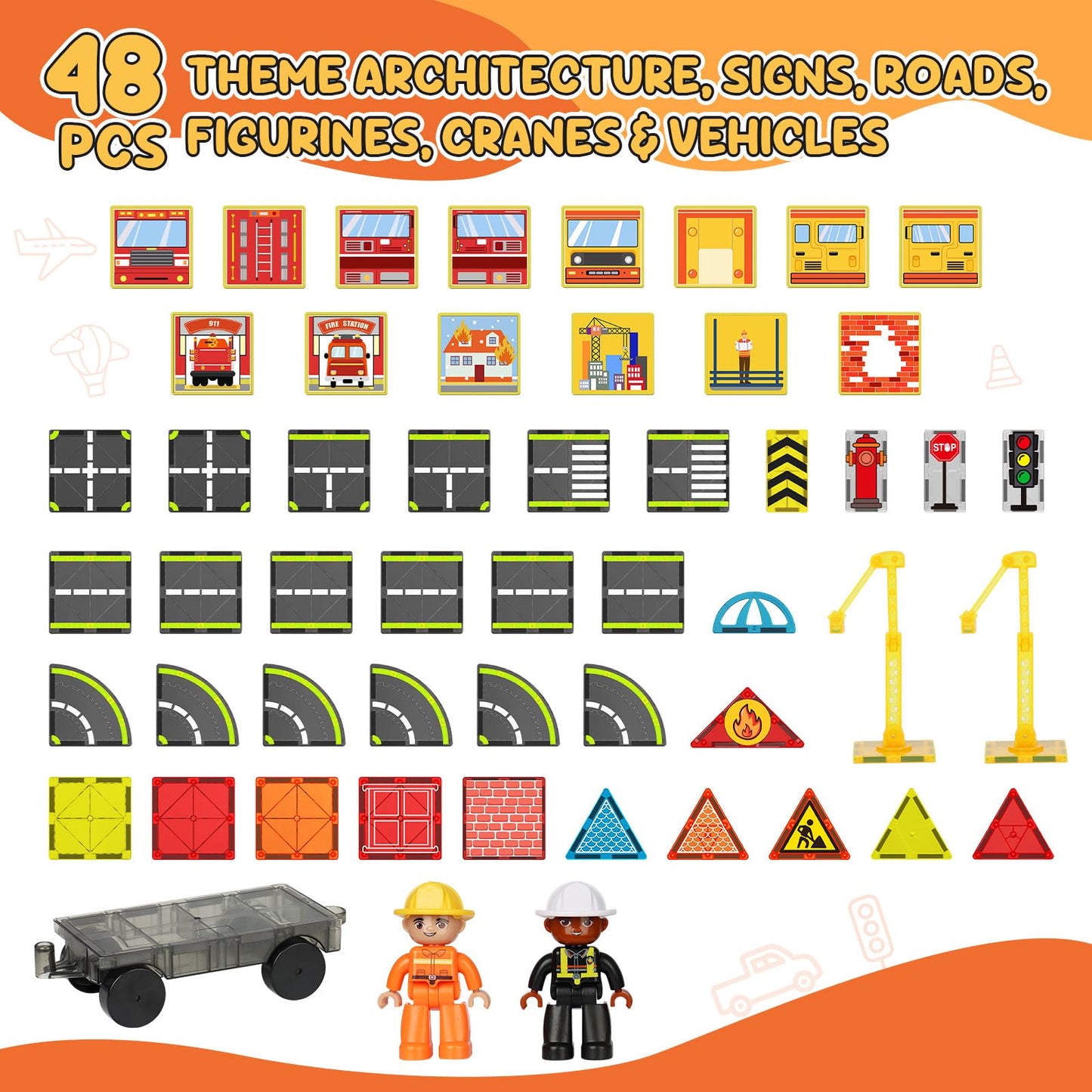 HarworLife Magnetic Tiles Road Set with Fire Trucks & Cranes | STEM Building Toys for Ages 3-7