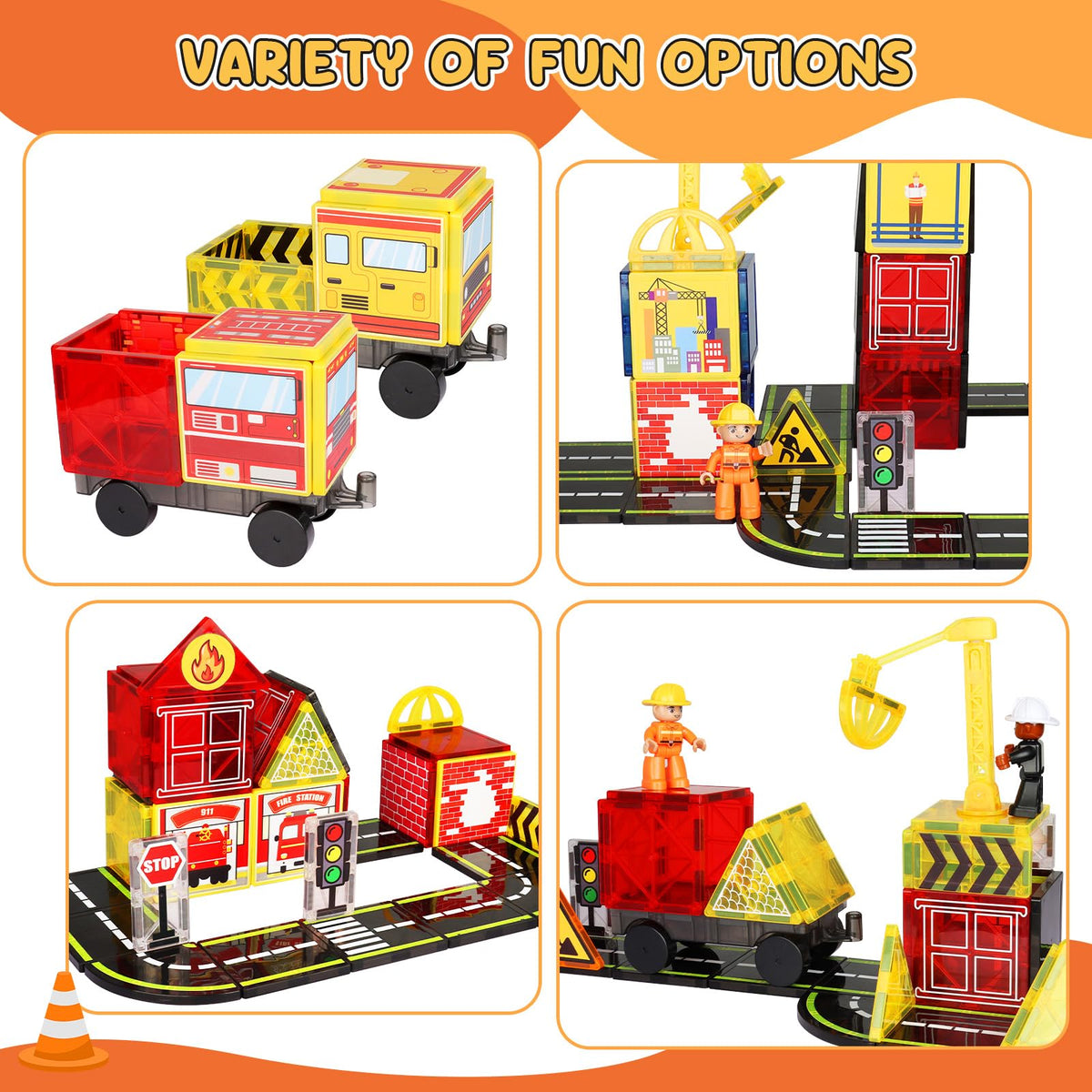 HarworLife Magnetic Tiles Road Set with Fire Trucks & Cranes | STEM Building Toys for Ages 3-7
