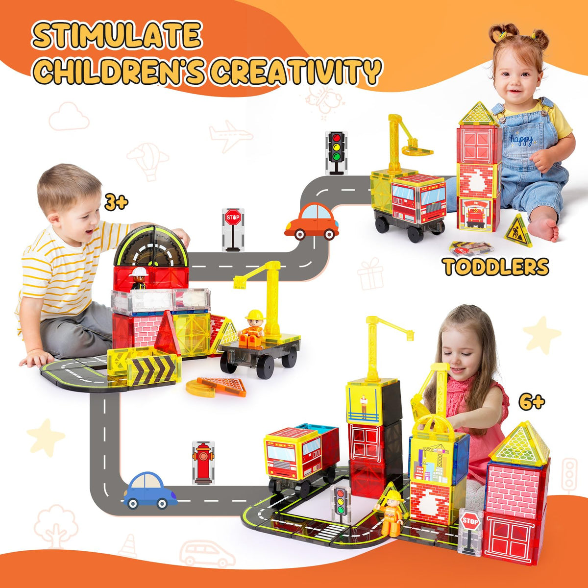 HarworLife Magnetic Tiles Road Set with Fire Trucks & Cranes | STEM Building Toys for Ages 3-7