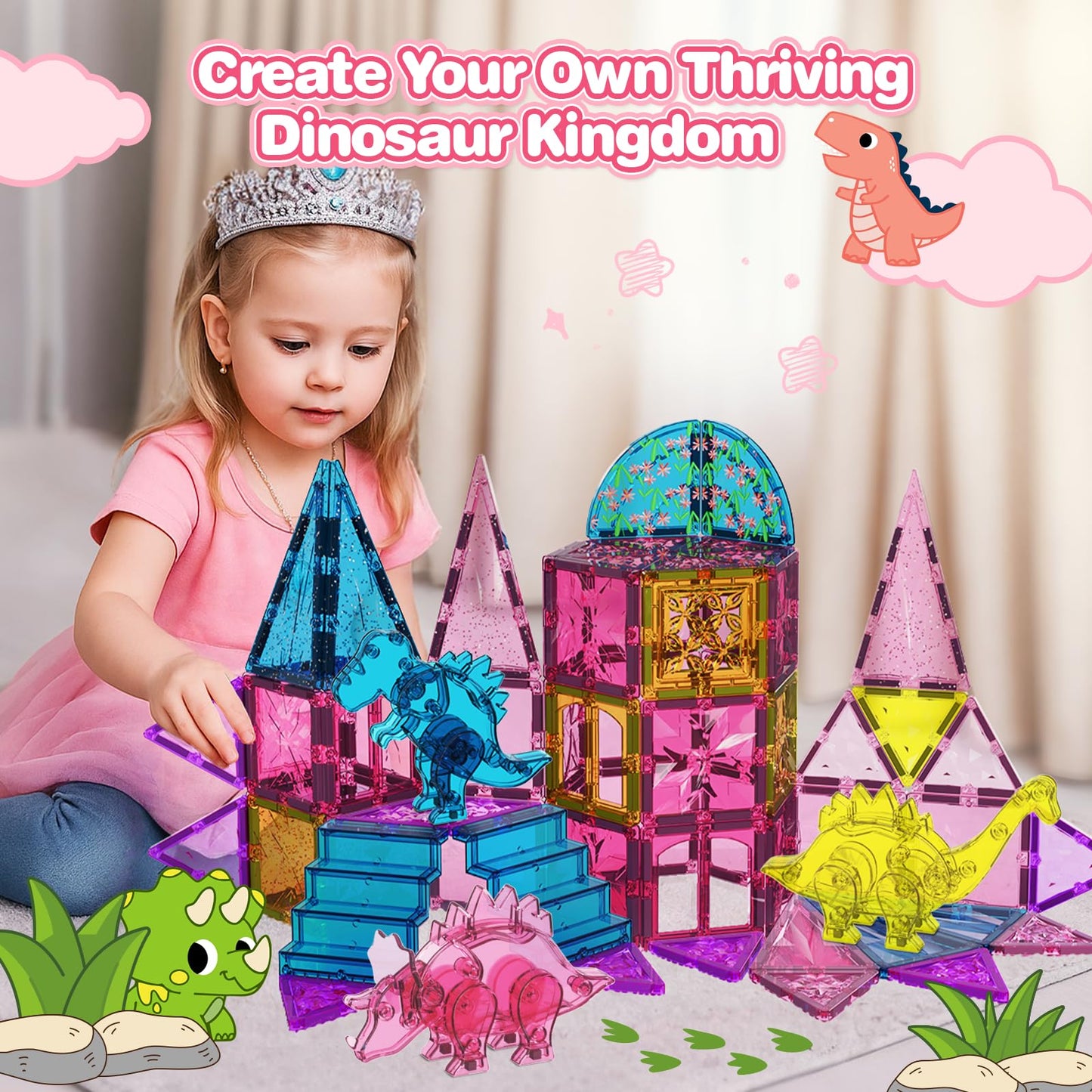 HarworLife 60Pcs Dinosaur Magnetic Tiles – STEM Building Blocks for Kids Aged 3-8 | Pink Theme
