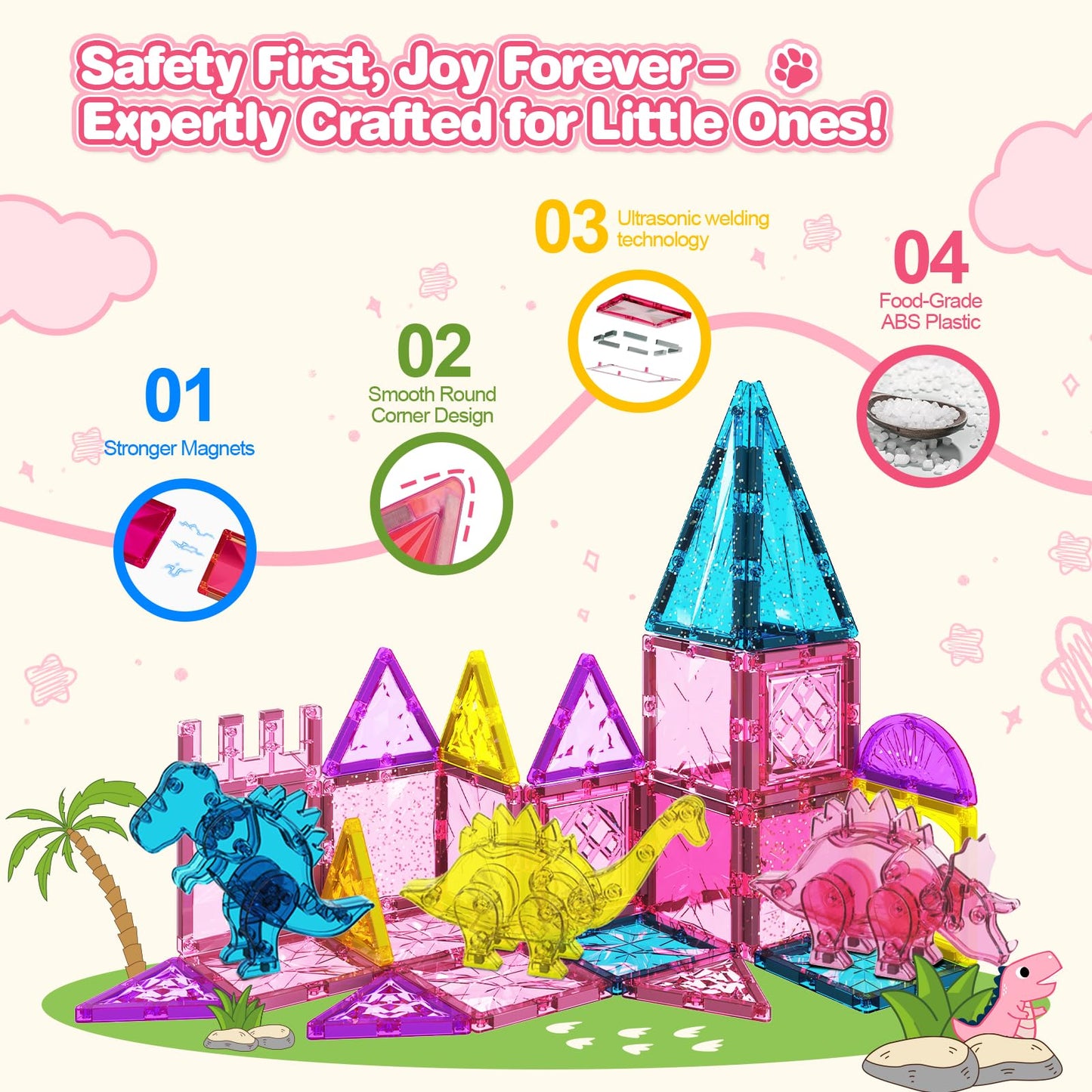HarworLife 60Pcs Dinosaur Magnetic Tiles – STEM Building Blocks for Kids Aged 3-8 | Pink Theme
