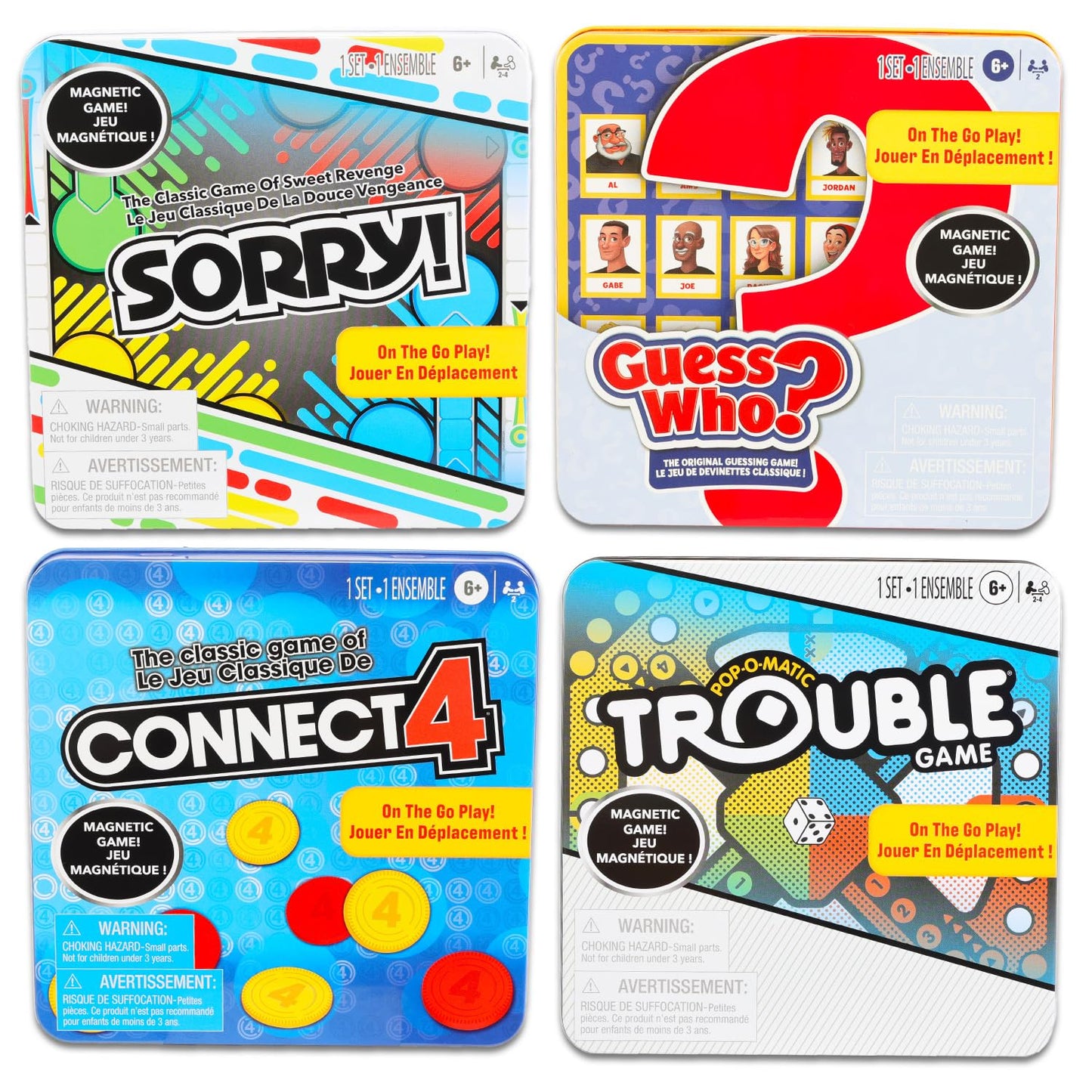 Hasbro Gaming Magnetic Travel Set – 4 Mini Board Games in Tin (Connect Four, Sorry!, Trouble, Guess Who) + Rex-Man Stickers