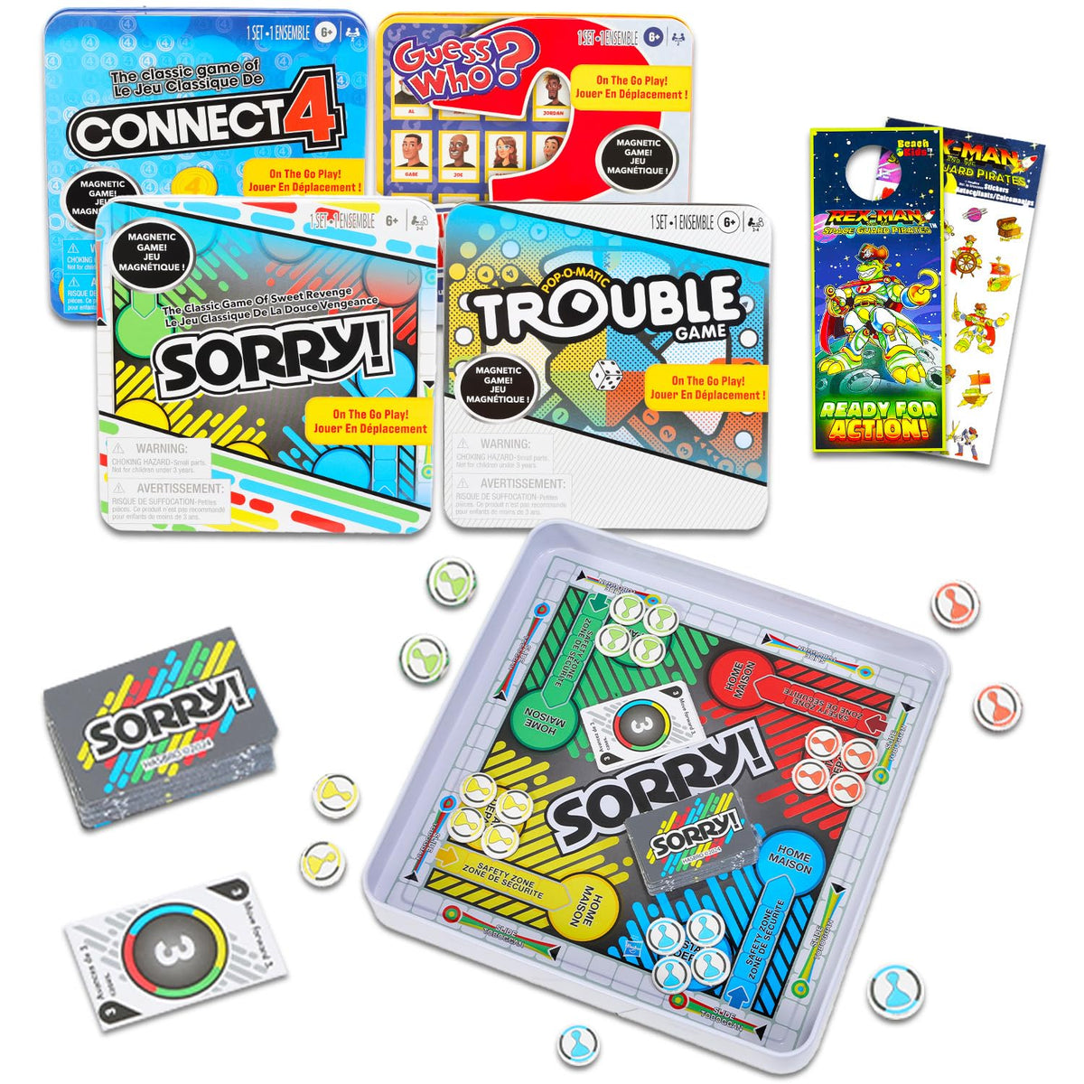Hasbro Gaming Magnetic Travel Set – 4 Mini Board Games in Tin (Connect Four, Sorry!, Trouble, Guess Who) + Rex-Man Stickers