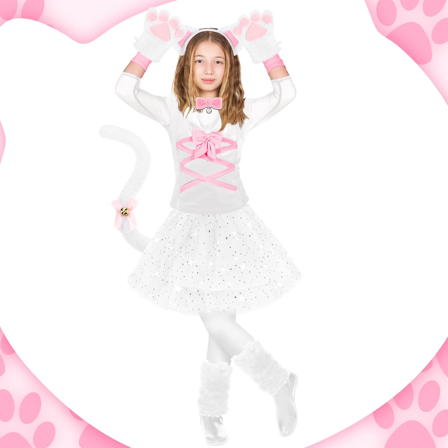 Haull 8 Pcs Halloween Kitten Cat Costume Accessories for Girls – Cat Ear Headband, Tail, Skirt & More