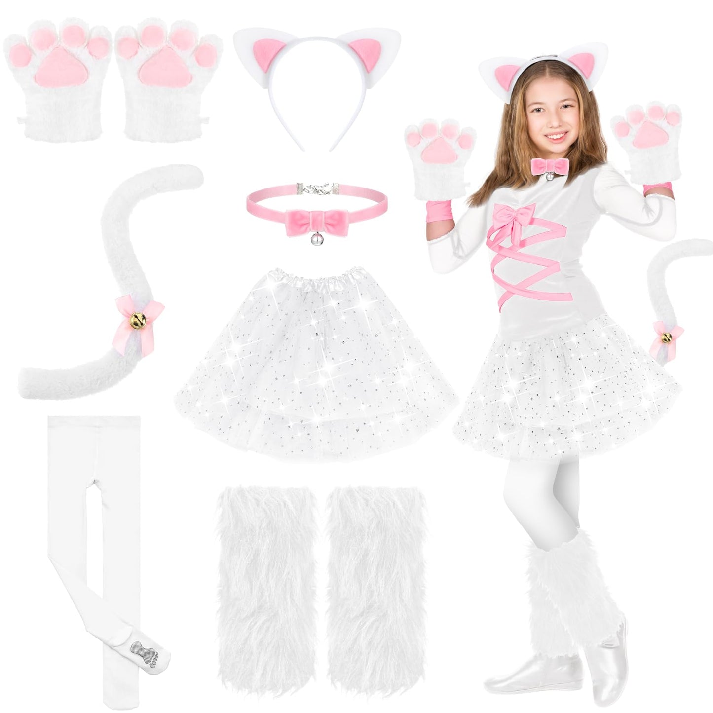 Haull 8 Pcs Halloween Kitten Cat Costume Accessories for Girls – Cat Ear Headband, Tail, Skirt & More