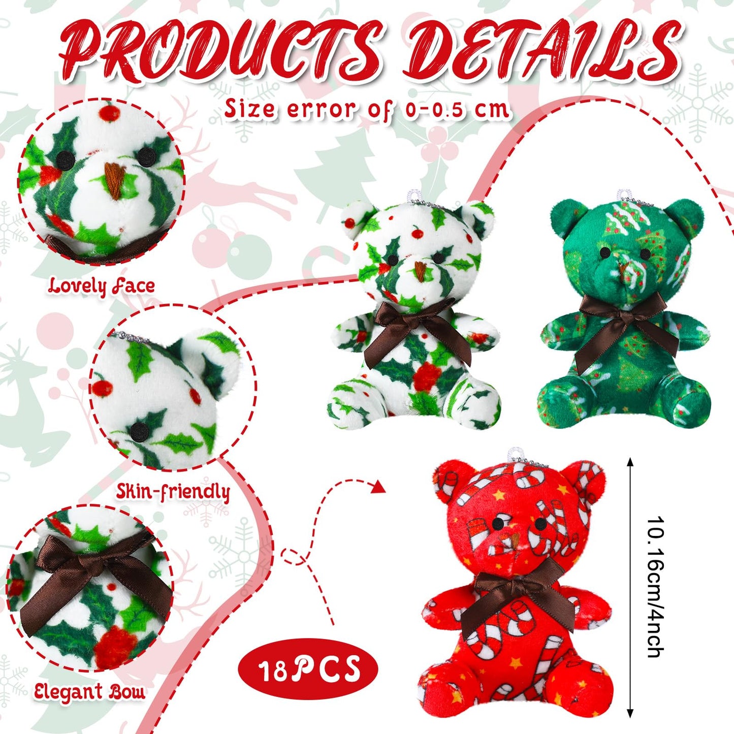 Haull 18 Pcs Christmas Plush Bears — 4-Inch Mini Stuffed Toys Bulk Pack