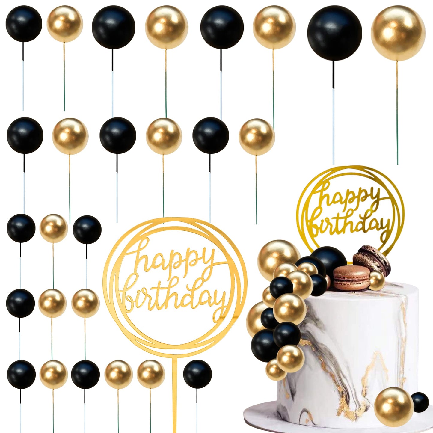 HAVAGDTM Colorful Balls Cake Topper – Black & Gold Pearl Balls