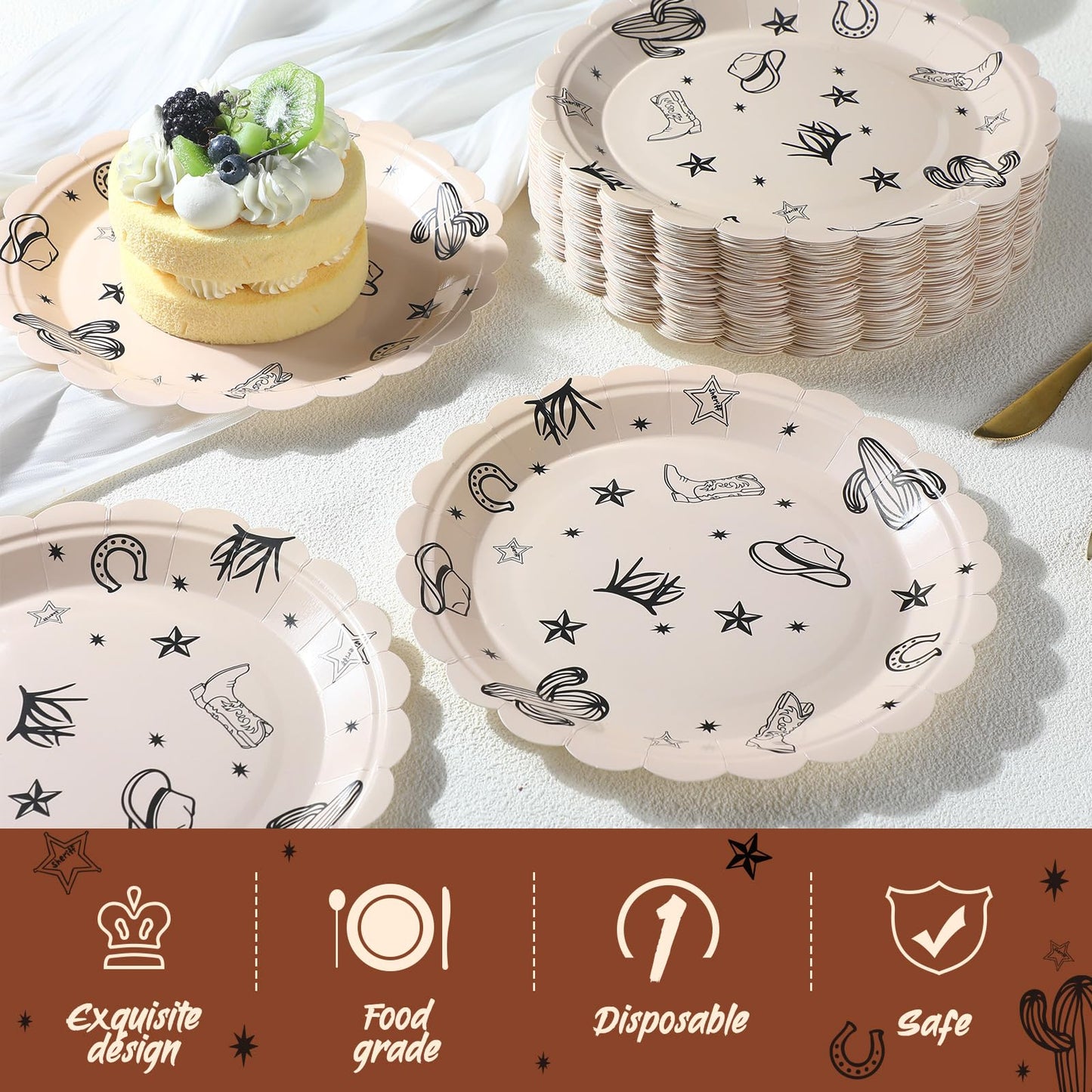Havawish 100 Pcs Cowboy Party Plates – Western Theme Disposable Dinnerware for Parties