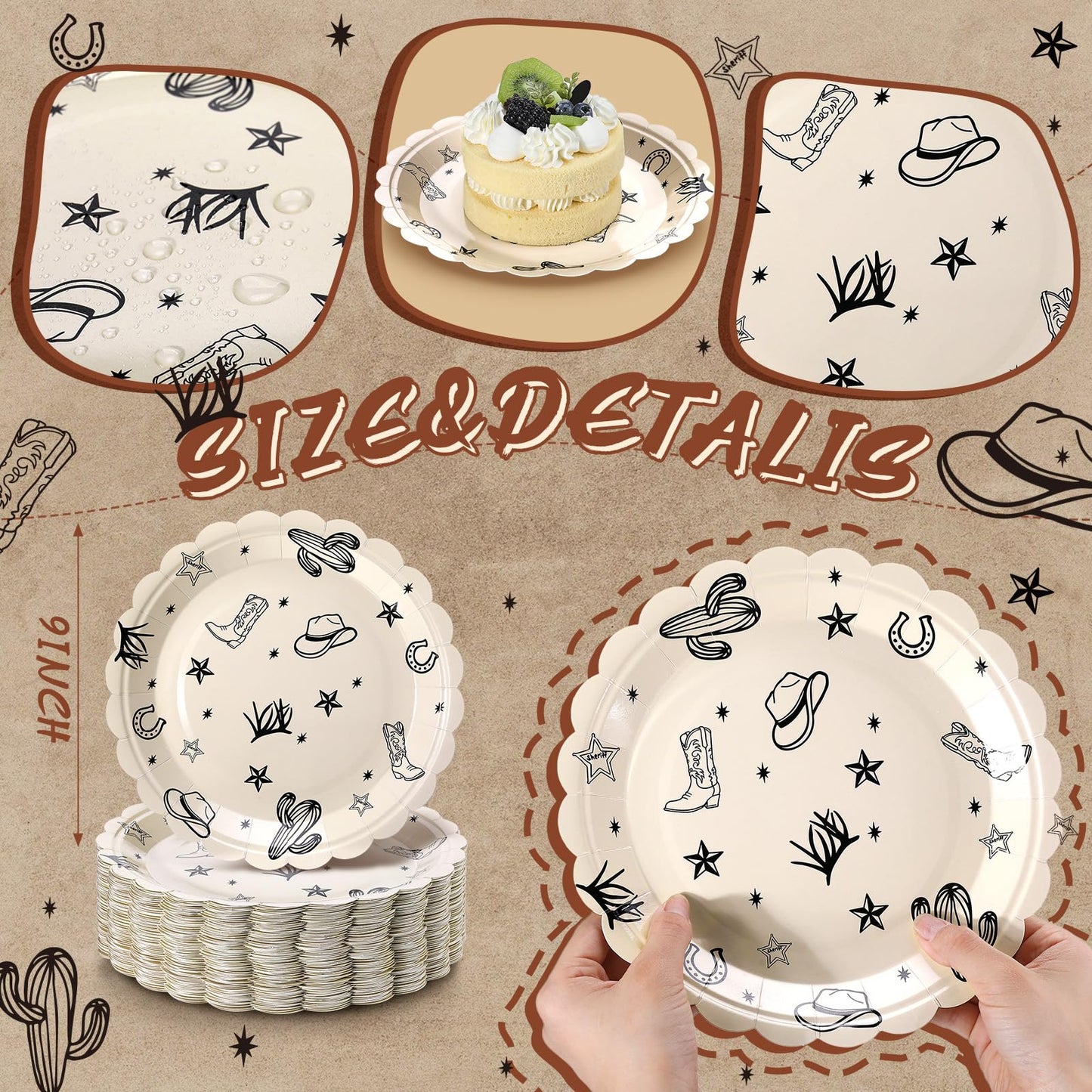 Havawish 100 Pcs Cowboy Party Plates – Western Theme Disposable Dinnerware for Parties