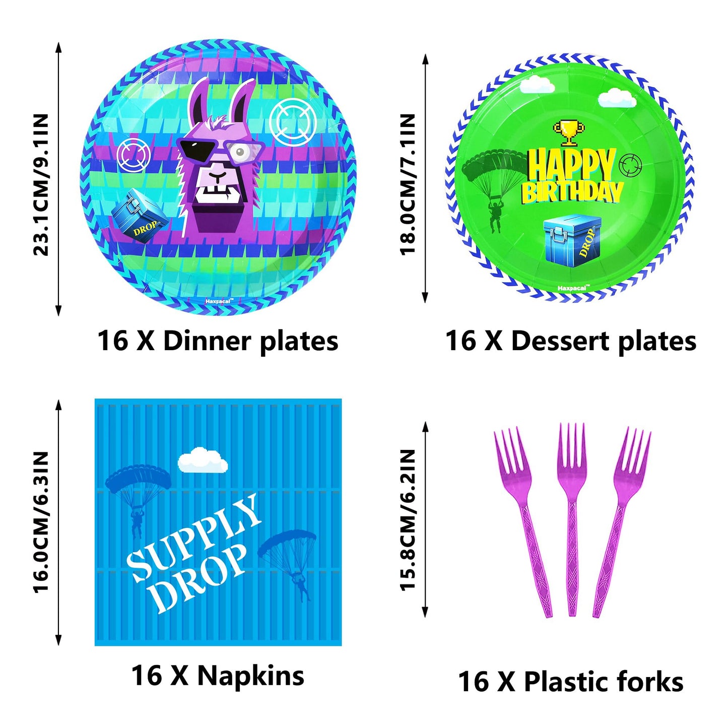 Haxpacal 64Pcs Video Games Llama Party Tableware Set – Plates, Forks & Napkins