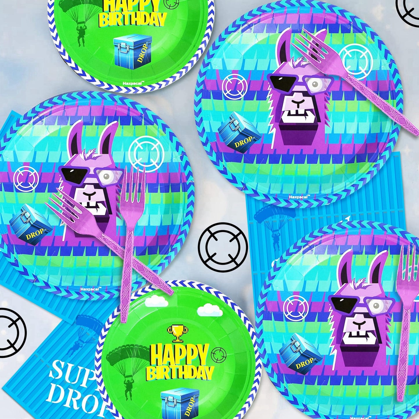 Haxpacal 64Pcs Video Games Llama Party Tableware Set – Plates, Forks & Napkins