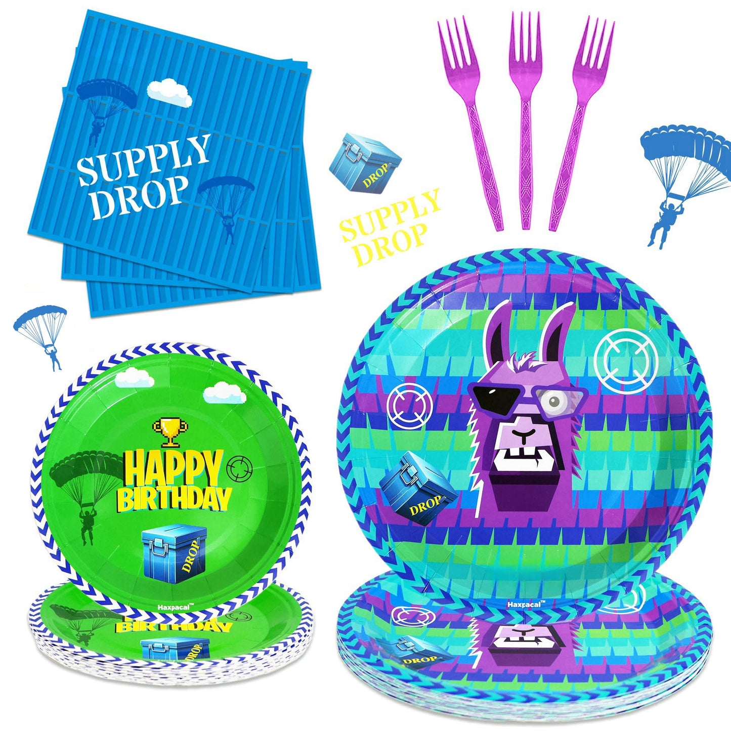 Haxpacal 64Pcs Video Games Llama Party Tableware Set – Plates, Forks & Napkins