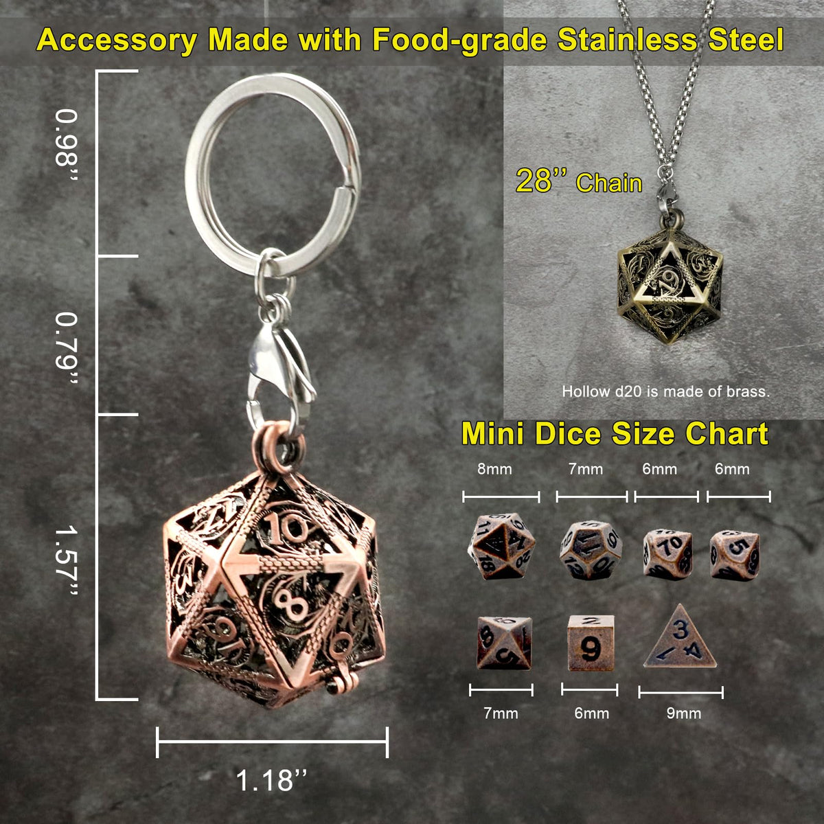 Haxtec Mini Metal DND Dice Set with Hollow Necklace Case – Portable 7-Piece D&D Dice