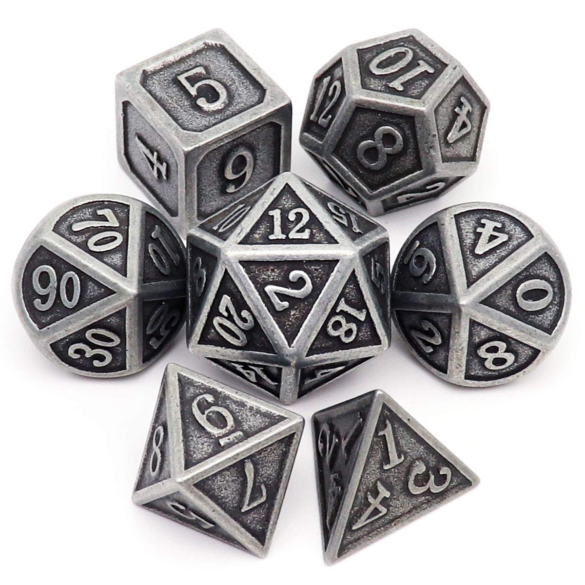 Haxtec Antique Iron DND Dice Set – Silver Metal Polyhedral Dice with Leather Bag