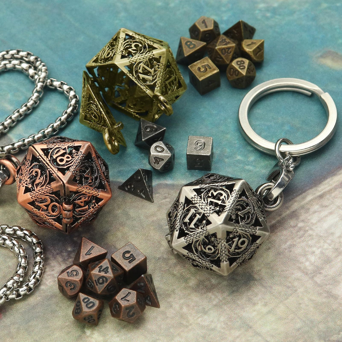Haxtec Mini Metal D&D Dice Set with Hollow Necklace Case | 7-Piece Portable Keychain
